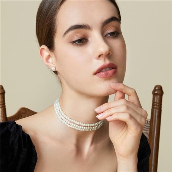 BABEYOND Round Imitation Pearl Choker Necklace Multi Strands Choker 20s Flapper - Picture 2 of 6